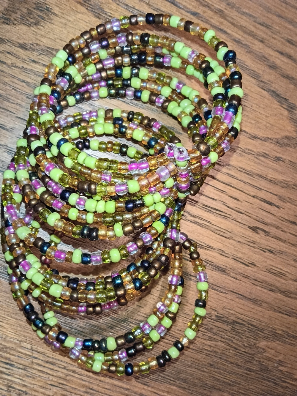 Beaded Coil Bracelet Stack in Lime Green, Gold & Pink